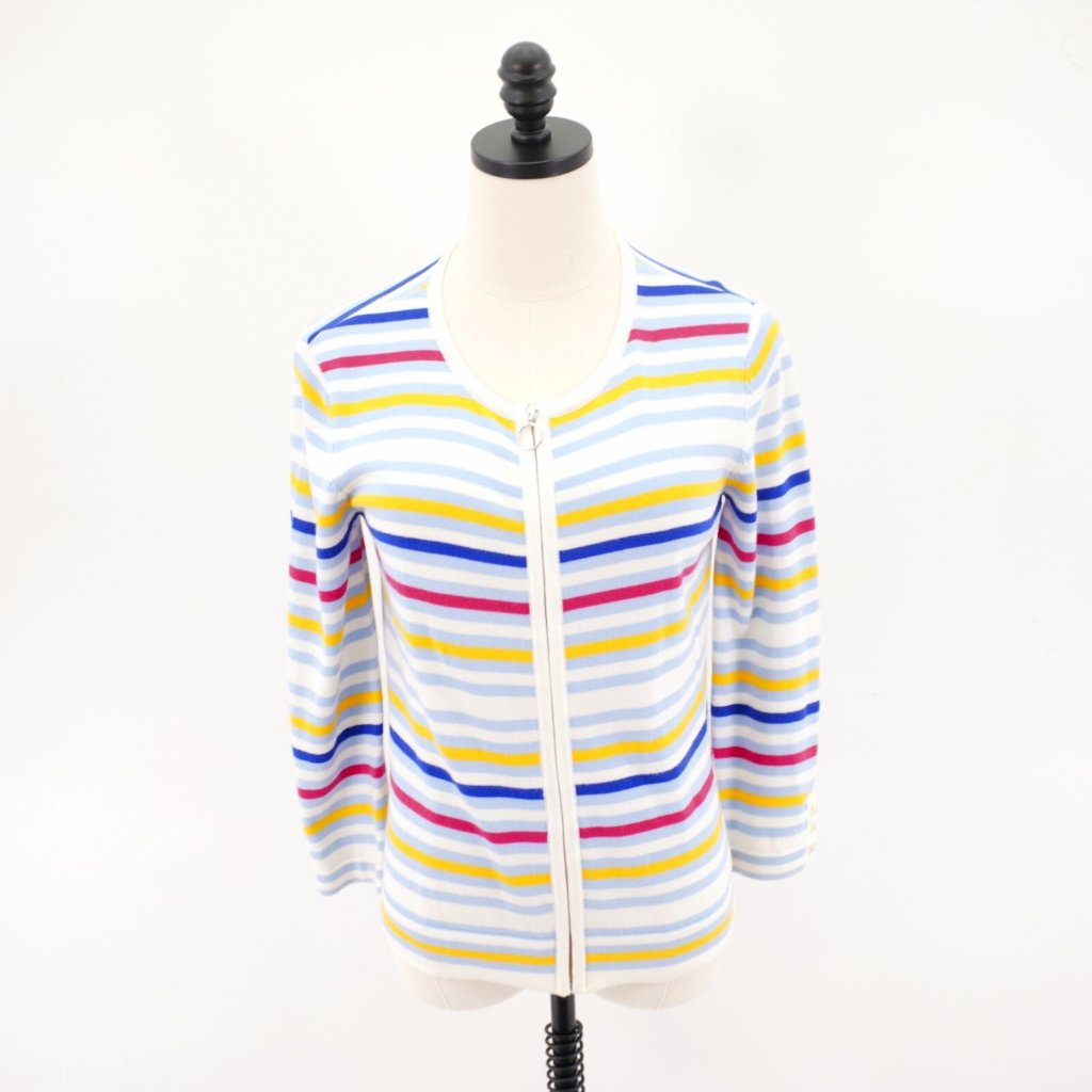 Orvis White Blue Yellow Red Yellow Striped Zip Front Scoop Neck Xs Sweater